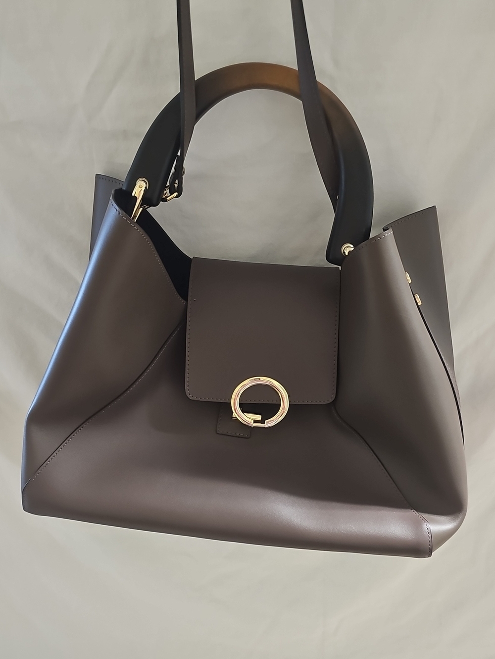 Structured Dark Brown Leather Shoulder Bag with Gold Ring Detail